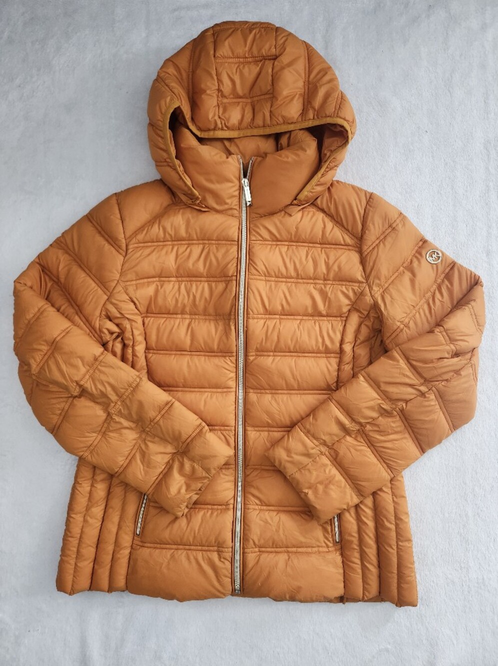 MICHAEL KORS Women's Packable Light Puffer Coat Cozy Down Blend Large Tangerine